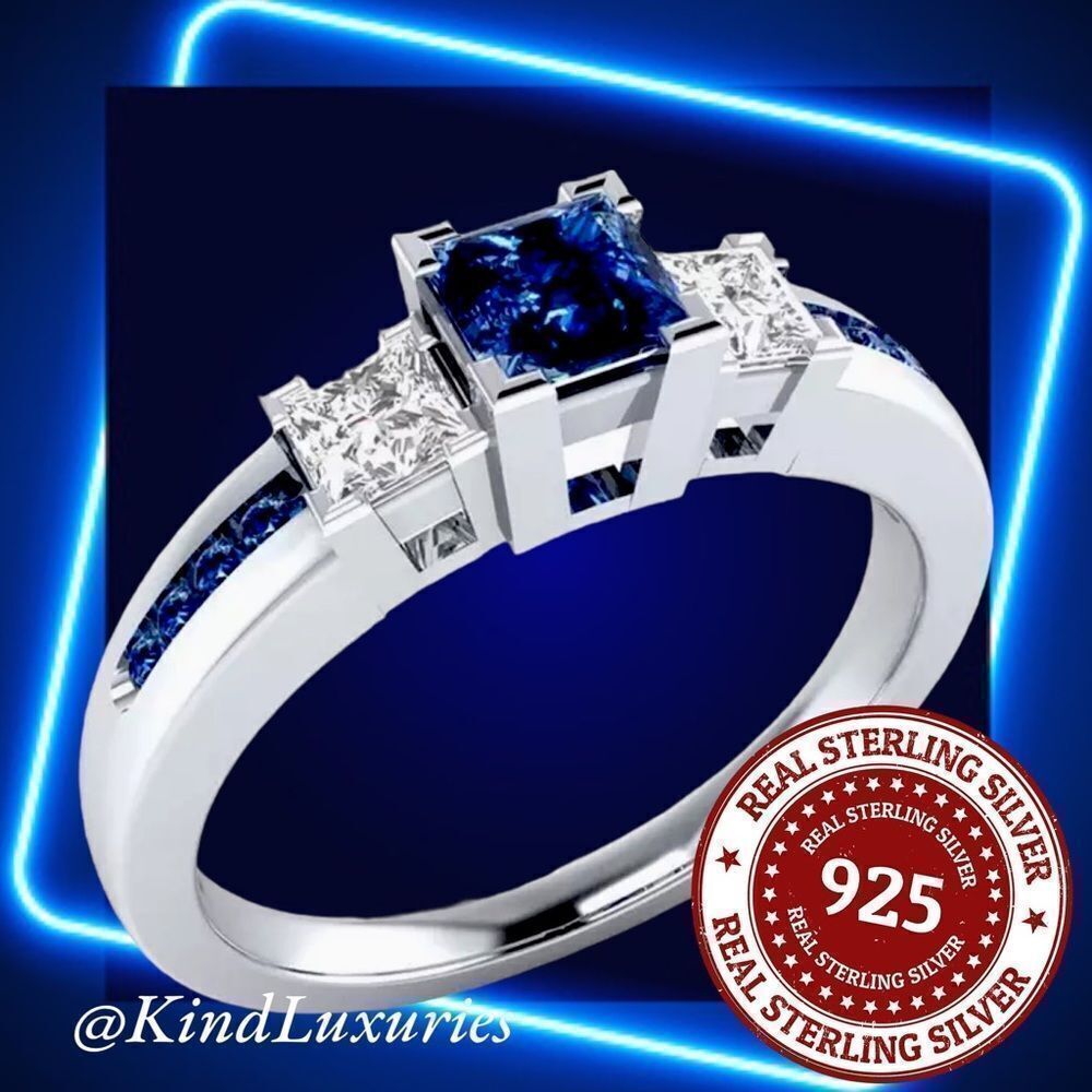 💎206💎 925 Sterling Silver Natural Sapphire Diamond Ring for Women